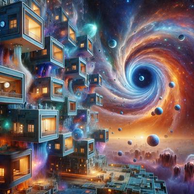 The primary subject of the image is a futuristic cityscape with a large building and a spiral galaxy in the background. The setting is a space-themed environment, and the visual style is a combination of digital art and illustration. The colors and mood of the image are vibrant and dynamic, with a sense of wonder and exploration.